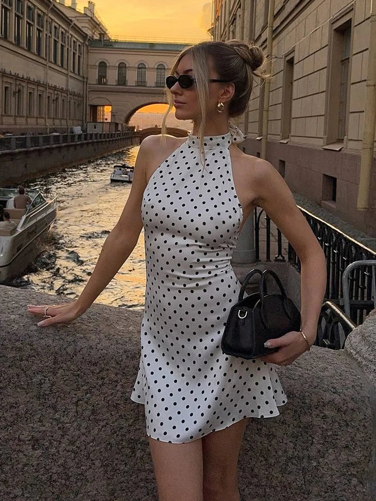 Chic Backless Polka Dot Halter Dress Women Sleeveless Off Shoulder Lace Up Slim Short Dresses 2026 Lady New Daily Party Vestidos