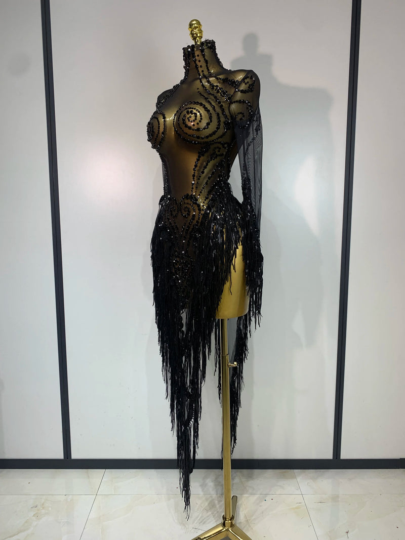 Sparkly Rhinestones Sequins Fringes Birthday Celebrate Evening Dress Women Sexy Mesh Transparent Dance Costume Photo Shoot Wear