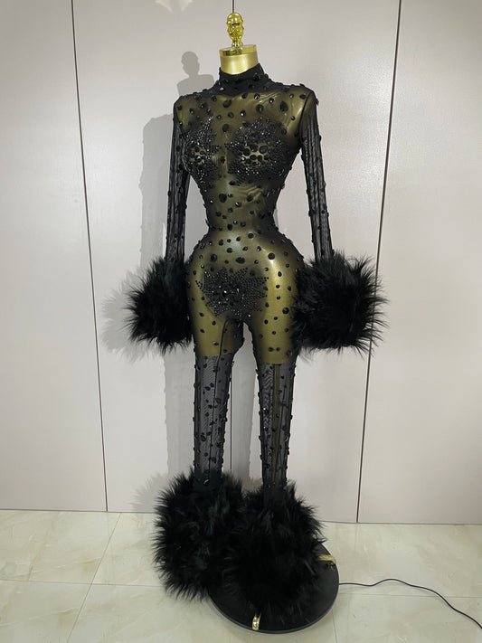 Luxury Diamond Black Mesh Transparent Stretchy Long Sleeve Jumpsuit Women Sexy Performance Singer Costume Nightclub Outfit