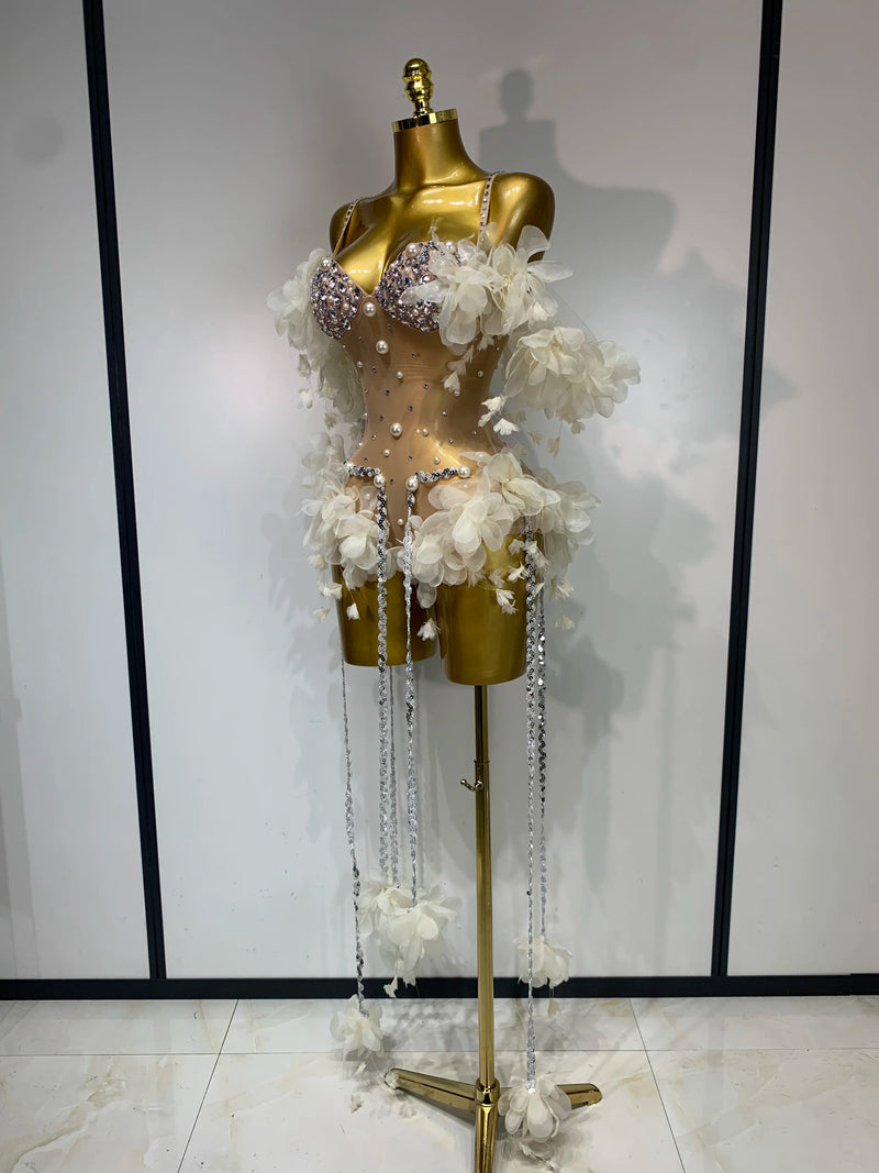 Sparkly Rhinestones Fringe Flower Bodycon Bodysuits DJ Nightclub Performance Stage Outfit Luxury Birthday Photo Shoot Clothing