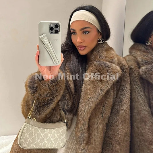 Winter Stylish Brown Gradient Extra Long Faux Fur Coat Women Mountain Fashion Overcoat Chic Vintage Fake Fox Fur Jacket