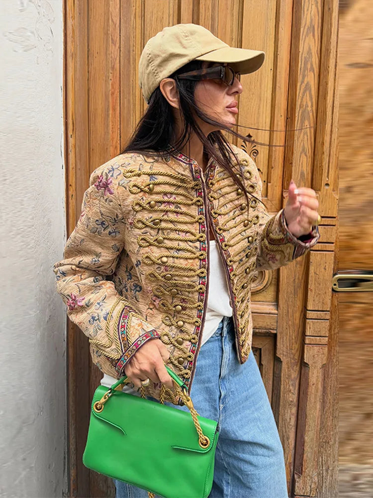 Fashion Printed Embroidery Women's Jacket Knot Button Long Sleeves Loose Coat Chic 2026 Spring Autumn New High Street Lady Wear