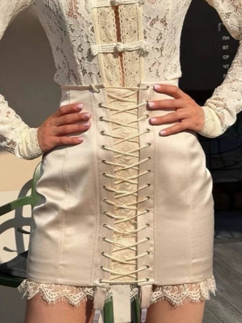 Luxury Lace Up Mini Women Skirt High Waist Lace Trim Minimalist Slim Skirt for Cocktail Party Wear Fashion Summer