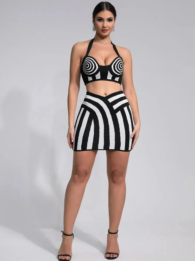 New Women Celebrity Sexy Jacquard Black White Two Piece Bodycon Striped Bandage Skirt Set Designer Evening Party Dress