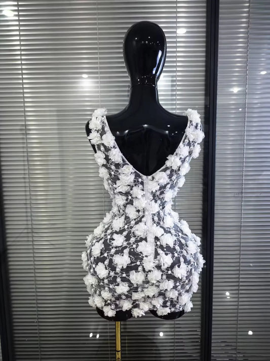 New White Women Sleeveless Sexy V-Neck Mesh See Through Florals Beading Bodycon Mini Dress Nightclub Party Celebrate Outfit
