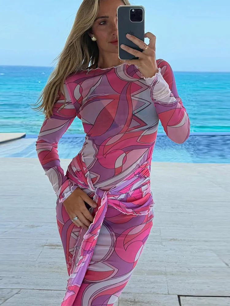Women's Chic Printed Mesh Maxi Dress Bodycon Long Sexy Beach Swim Party Dresses New Holiday Vacation Cover Up Casual Outfit