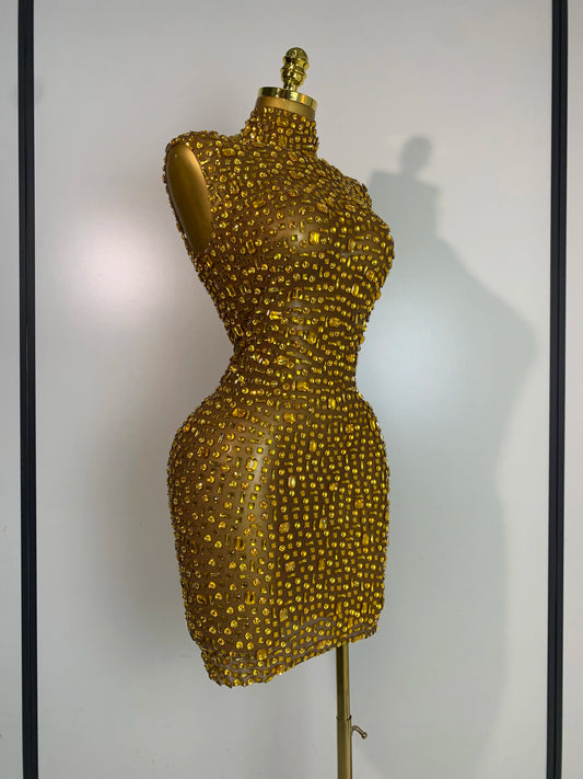 Women Luxury Gold Rhinestone Sexy Mesh Short Dress Sparkly Stage Costume Elegant Party Birthday Dresses Nightclub Singer Outf