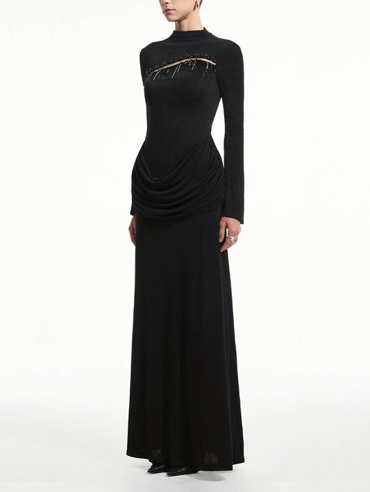 Slimming Spliced Folds Temperament Dresses for Women Round Neck Long Sleeves Patchwork Tassel Dress Female Clothing