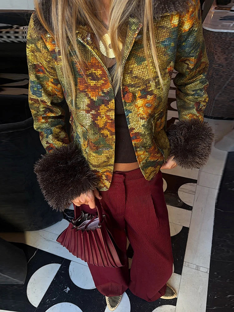 Women Retro Floral Print Tweed Jacket Fur Collar Cuff Patchwork Single Breasted Short Coat 2026 Fashion Autumn Casaul Outerwear