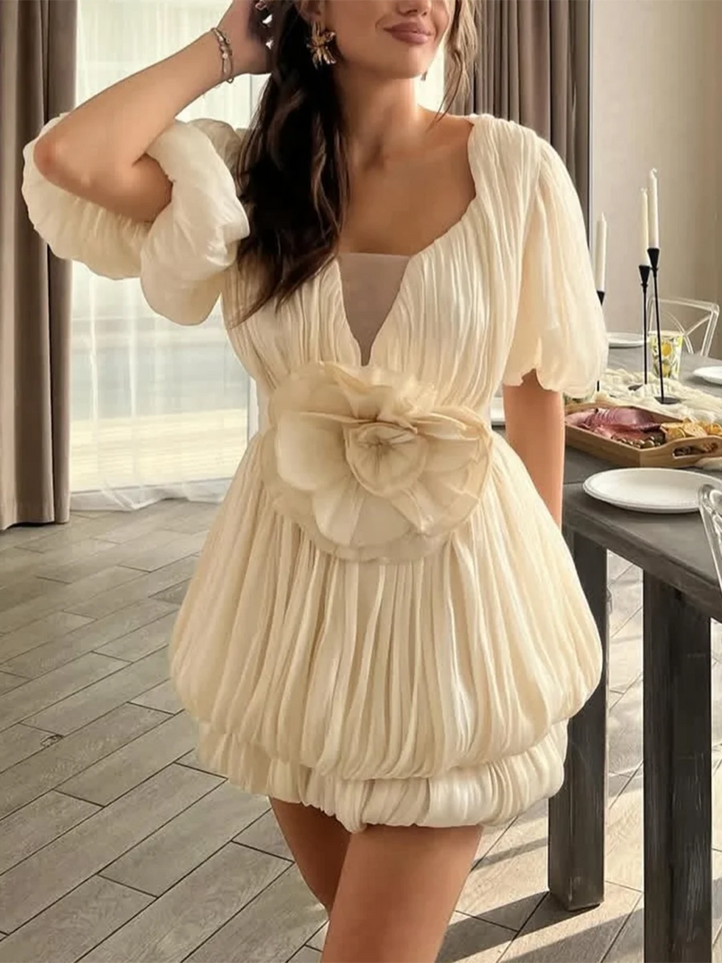 Chic Birthday Party Ruched Slim Mini Dress for Women Deep V Neck Puff Sleeve 3D Flower Accent for Luxury Cocktails
