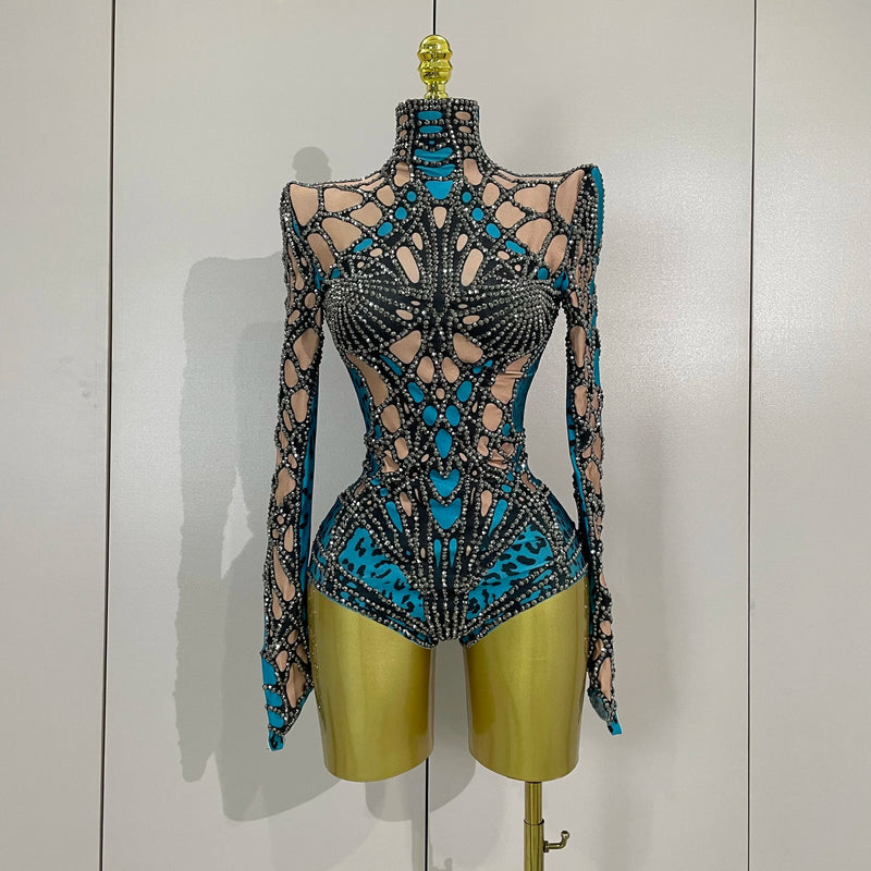 Sparkle Rhinestones Long Sleeve Stretch Bodysuits Women Evening Luxury Birthday Party Sexy Nightclub Bar Stage Costume