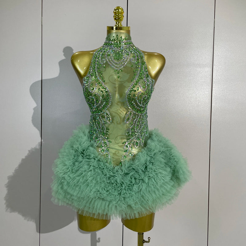 Women Birthday Party Costume Bar Nightclub Singer Sexy Stage Performance Outfit Sparkly Green Diamonds Mesh See Through Bodysuit
