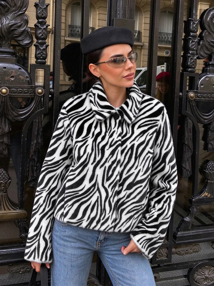 Women Chic Zebra Print Faux Fur Cropped Jacket Lapel Collar Single Breasted Warm Short Coat Autumn Winter Fashion Street Jackets