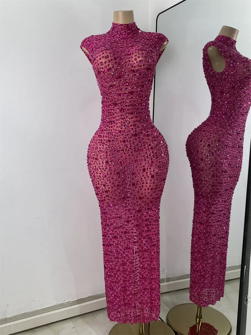 Luxury Crystal Diamonds Long Party Dress Sexy Mesh Sleeveless See Through Evening Prom Birthday Women's Clothing Singer Wear