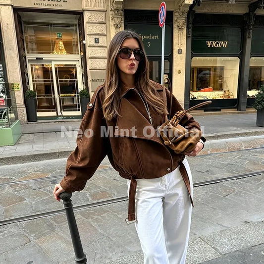 Autumn New Brown Oversized Suede Jacket Women Chic Brand Fashion Design Loose Shaggy Jackets Coat Motorcycle Outerwears