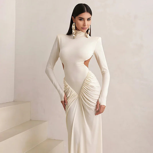 Sexy Backless Long Dress For Women Turtleneck Evening Party Ruched Dress Elegant Solid Long Sleeve Streetwear Maxi Dress