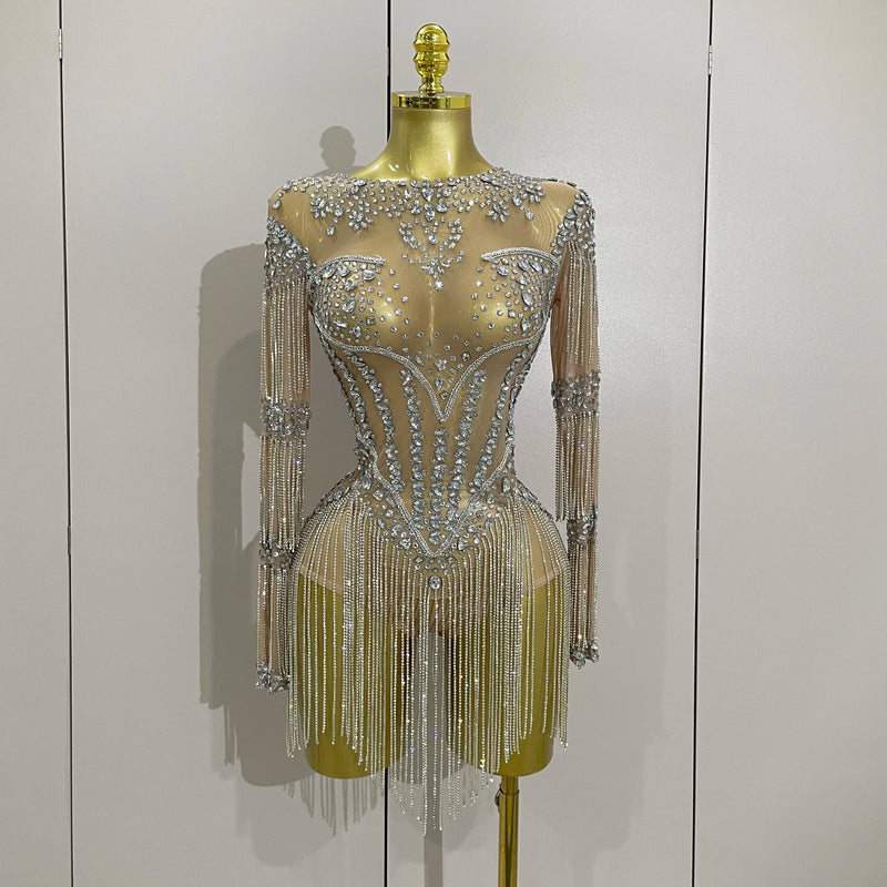Full Sparkly Rhinestone Chain Sexy Mesh See Through Bodysuit Women Luxury Birthday Party Performance Dance Nightclub Stage Wear