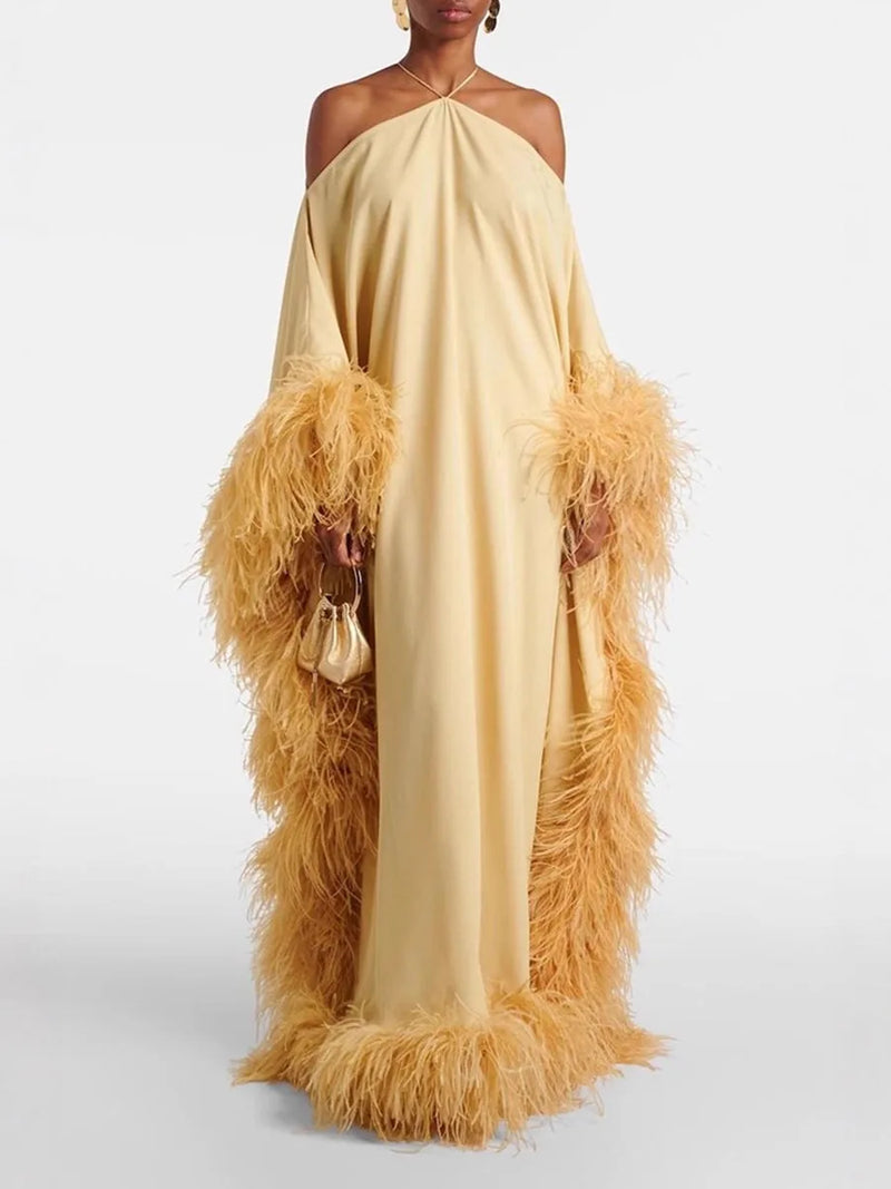 Glam Halter Off Shoulder Floor Length Dress for Women Loose Kaftan Feather Trim Wide Sleeve Back Tie Tassel for Party Gown