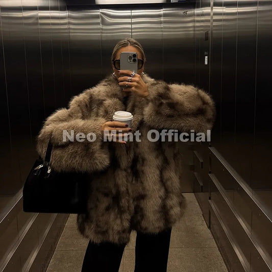 Exclusive 2026 Winter Leopard Print Faux Fur Coat Women Loud Luxury Lapel Collar Midi Long Eco Fox Fur Jacket Outerwear