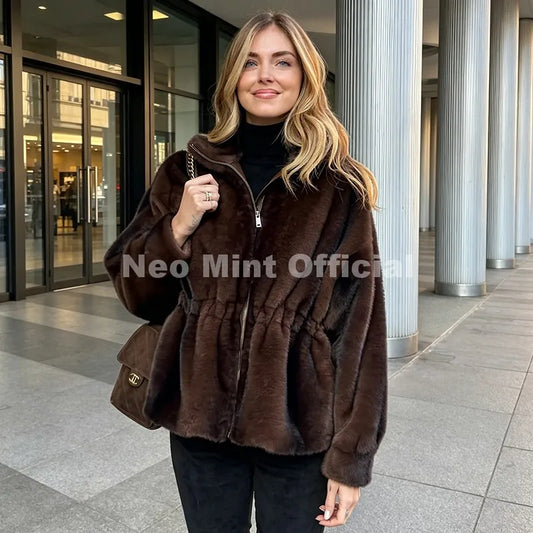 Iconic Blogger Fashion Vintage Striped Sable Mink Peplum Jacket Women 2026 Winter Luxury Brand Faux Fur Coat Outerwears