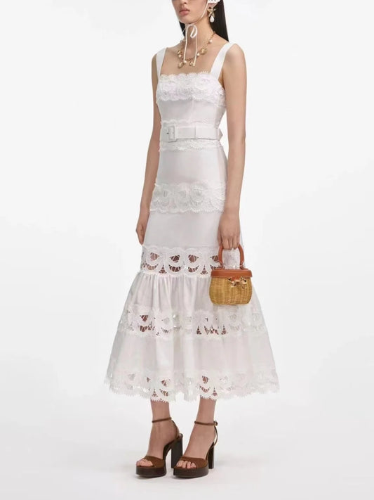 Solid Elegant Spliced Hollow Out Dress for Women Square Collar Sleeveless Patchwork Sashes High Waist Bodycon Dresses Female