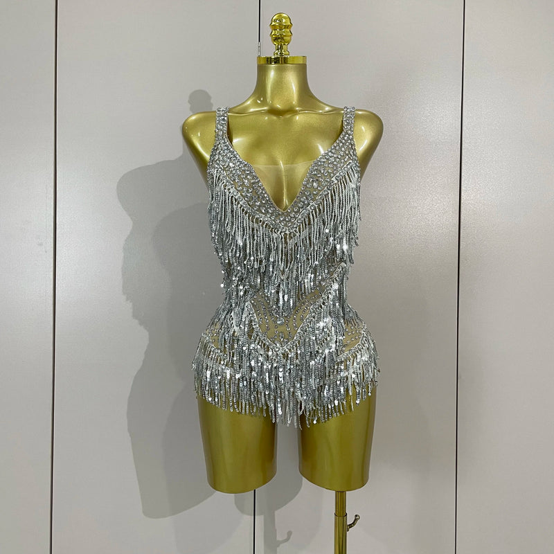 Luxury Sparkly Rhinestone Sequins Tassel Mesh Bodysuits Women Celebrate Eveing Birthday Party Nightclub Bar Dencer Stage Costume