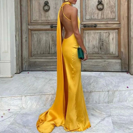 Solid Slimming Chic Dresses for Women Shawl Collar Sleeveless Off Shoulder High Waist Long Dress Female