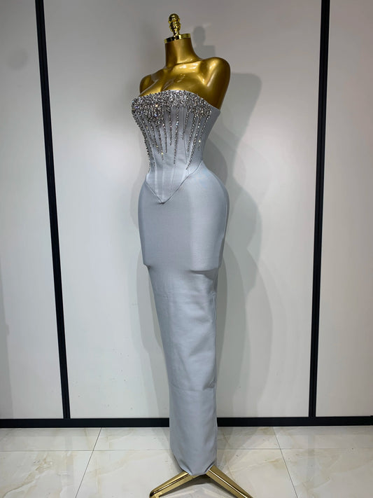 Women Sexy Strapless Backless Long Bandage Dress Fashion Light Grey Sleeveless Beading Cocktail Party Luxury Birthday Gown