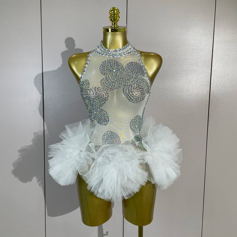 Women Sparkly Diamonds Evening Party Birthday Nightclub Dancer Stage Performance Costume Sexy Mesh See Through Bodycon Bodysuit