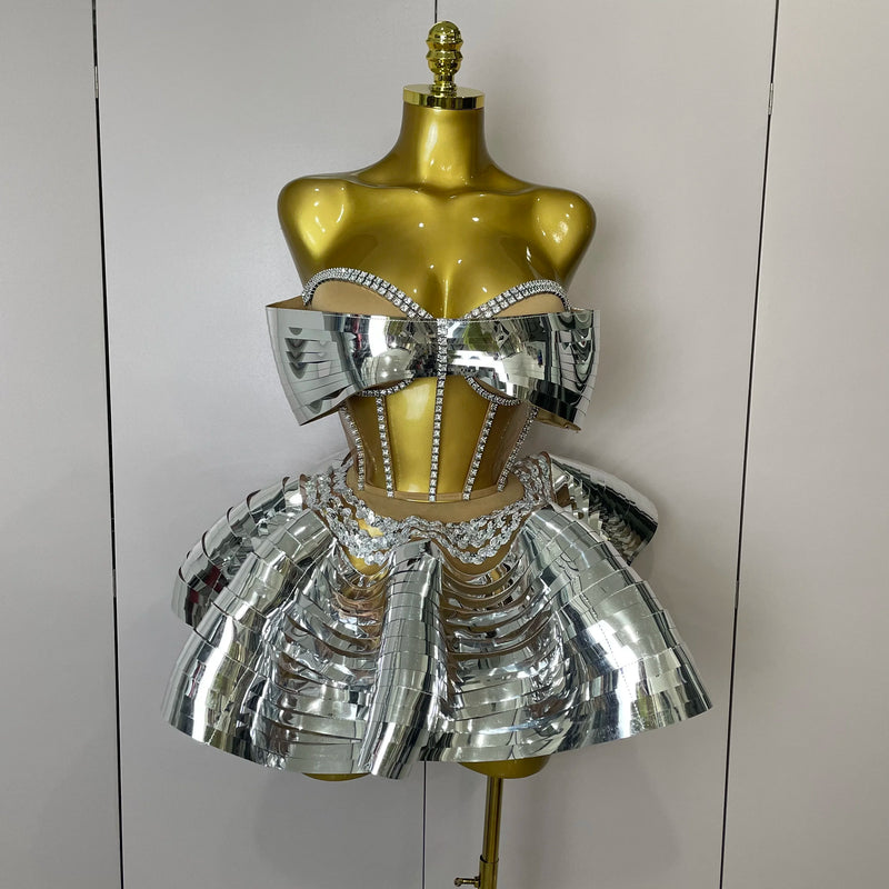 Sexy Stage Performance Costume Two Piece Set Silver Sequins Rhinestone Fancy Outfit Women Backless Shiny Birthday Party Dresses