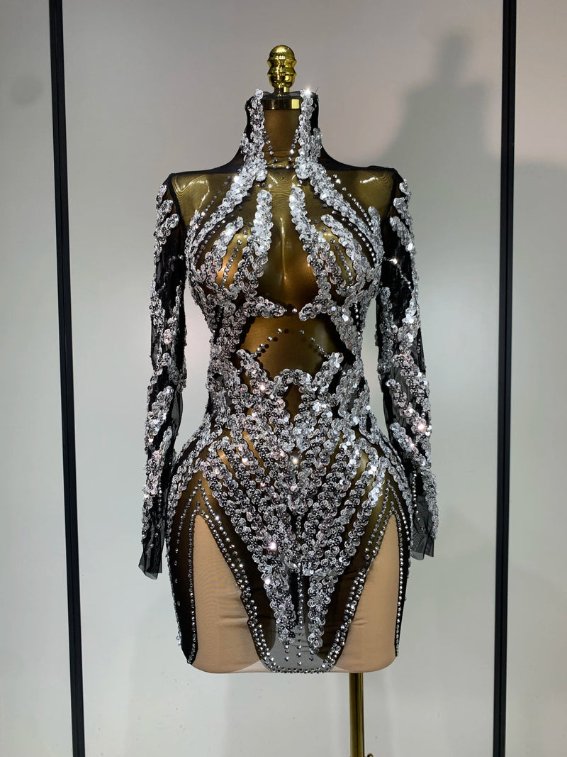 Newest Luxury Sparkly Diamond Mesh Mini Dress Women Celebrate Evening Party Birthday Fancy Club Nightclub Sexy Stage Outfit