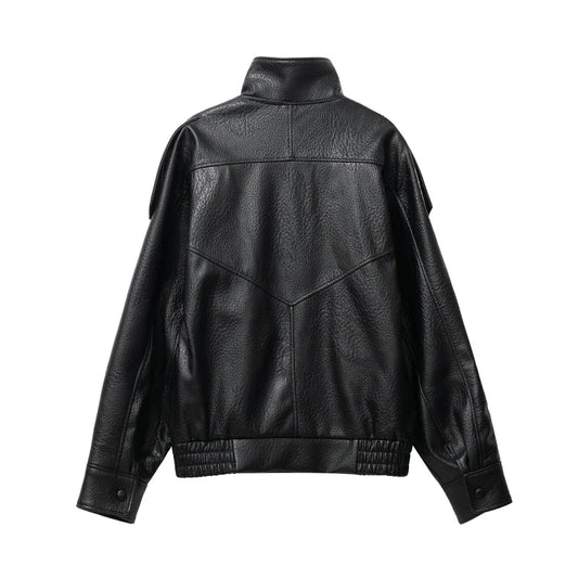 Original Chic Black Faux Leather Jackets Women Long Sleeve Buttons Elastic Oversized Coats Fashion 2026 Autumn Winter Streetwear