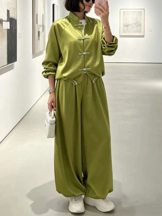 Solid Spliced Buttons Two Piece Set Female Stand Collar Long Sleeve Top Retro Chinese Women's Trousers Sets Fashion