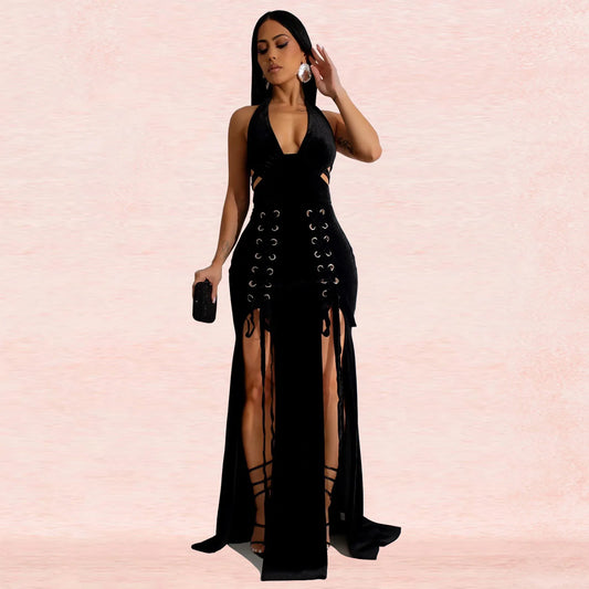 Sexy Halter Backless Velvet Dress Women Lace Up High Side Split Bodycon Maxi Evening Night Club Party Long Dresses Vestidos