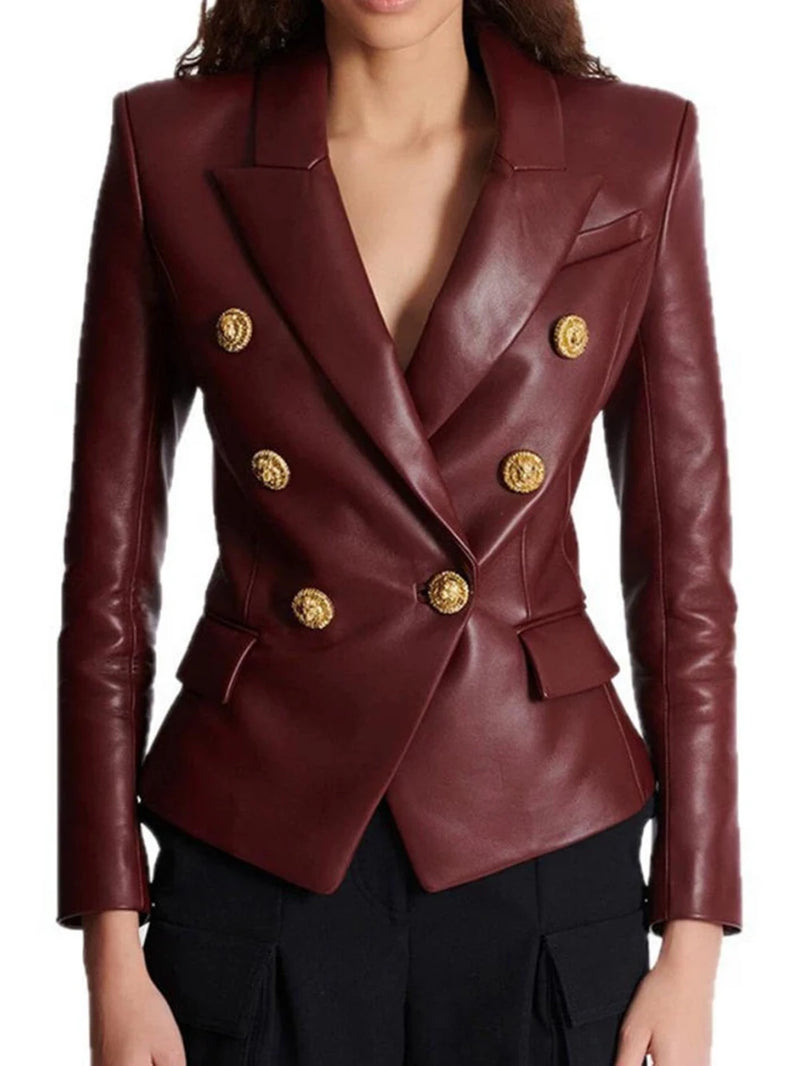 New 2026 Designer PU leather Jacket Women's Slim Fitting Double Breasted Lion Buttons Denim Blazer