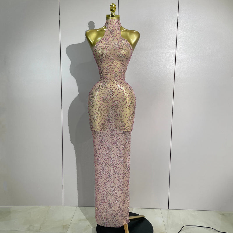 Women Sexy Mesh See Through Long Dress Elegant Sparkly Pink Diamond Eveing Party Nightclub DJ Stage Costume Photo Shoot Outfits