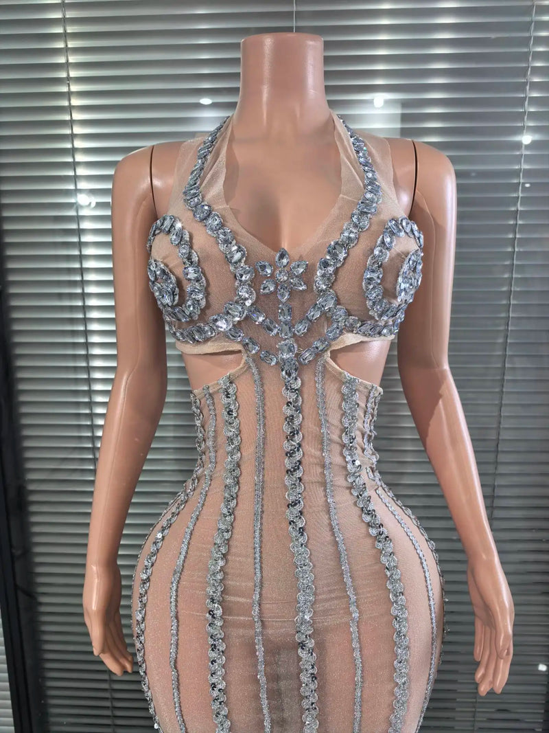 Shinning Sequins Women Sexy Halter Backless Mesh See Through Bodycon Long Dress Celebrate Nightclub Party Birthday Outfit