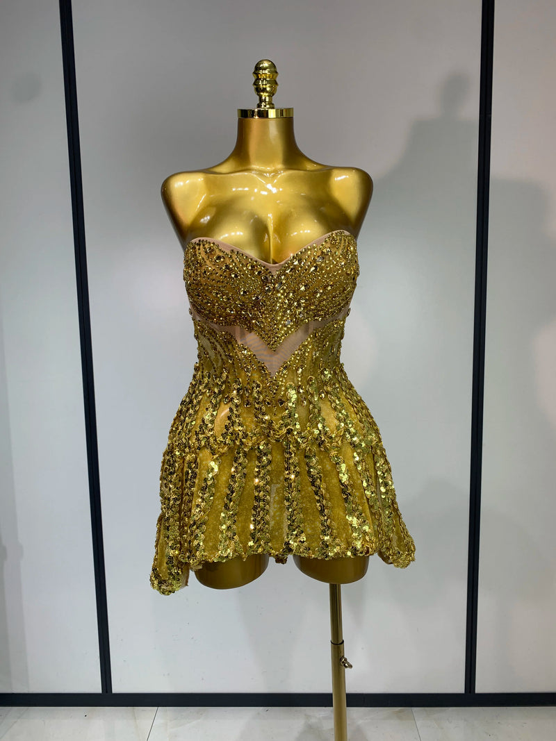 Luxury Gold Sparkly Sequins Diamonds Mini Dress Birthday Dress Women Sexy Performance Costume Singer Stage Nightclub Outfit