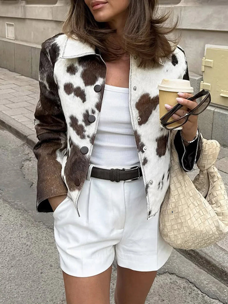Cow Print Short Slimming Coat for Women Lapel Long Sleeve Patchwork Single Breasted Street Jacket Female Autumn New
