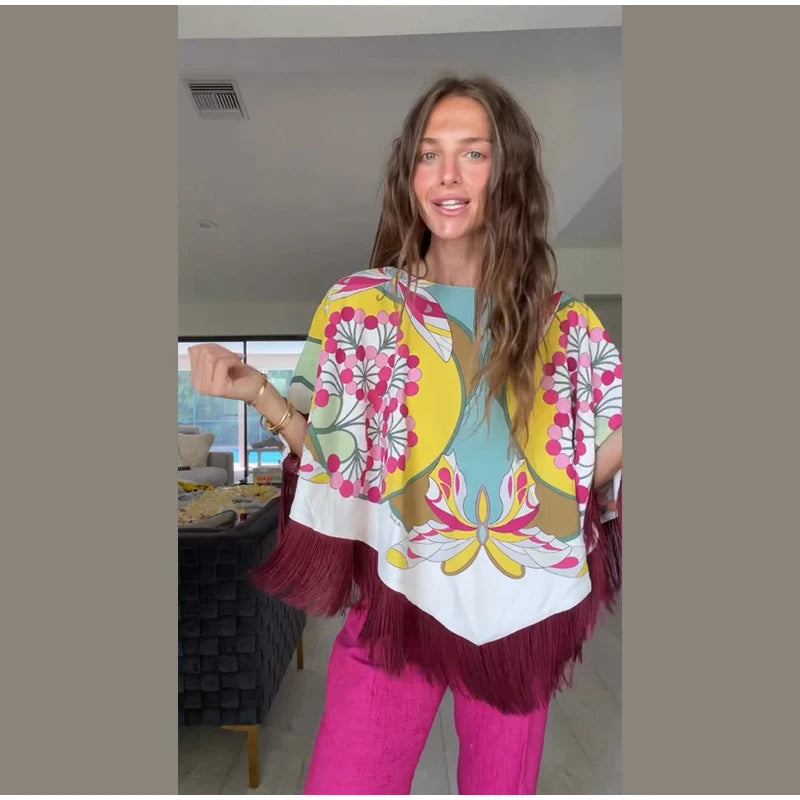 Vintage Women's Printed Tassel Patchwork Shawl Loose Satin O-neck Colorful Cloak 2026 Spring Summer Lady Chic Accessories