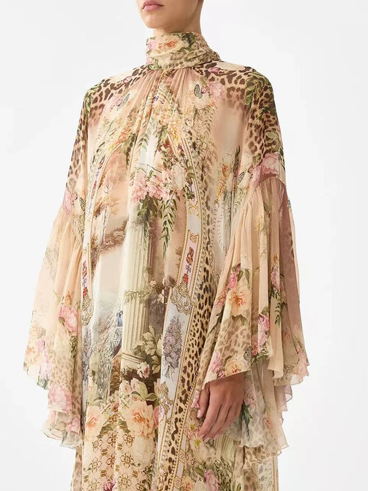 Vintage Colorblcok Printed Loose Long Dress for Women Turtleneck Flare Sleeve Loose Waist Irregular Hem Midi Dresses Female