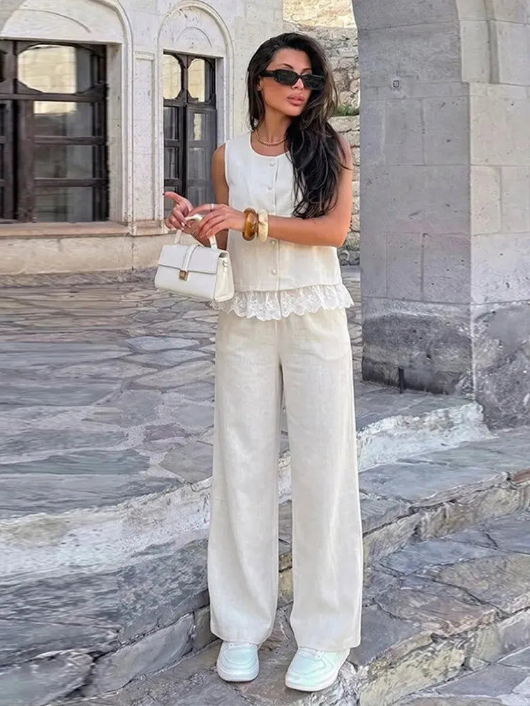 Detachable Lace Trim Vest Wide Leg Pant Set Sleeveless Crew Neck 2026 Autumn City Leisure Lady Women Elegant Minimal Outfit