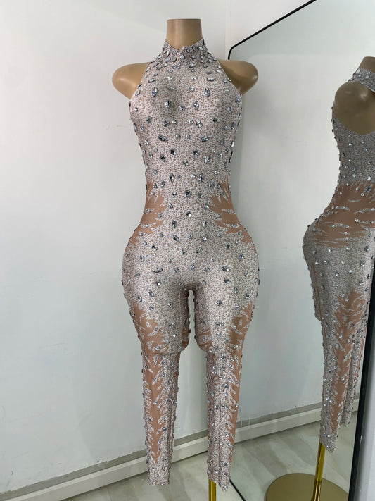 Women Sexy Spandex Rhinestones Sleeveless Tight Jumpsuit Celebrate Birthday Evening Club Rompers Photo Shoot Wear
