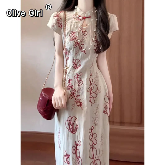 Olive Girl Red Embroidered Qipao for Garden Wedding 2026 Fairycore Photoshoot Everyday Wear S-XXL XS-3XL Plus Size Hand Embroidered Romantic Garden Party Editorial Not Costume Qipao Cheongsam Chinese Dress Chinese Heritage Fashion Women