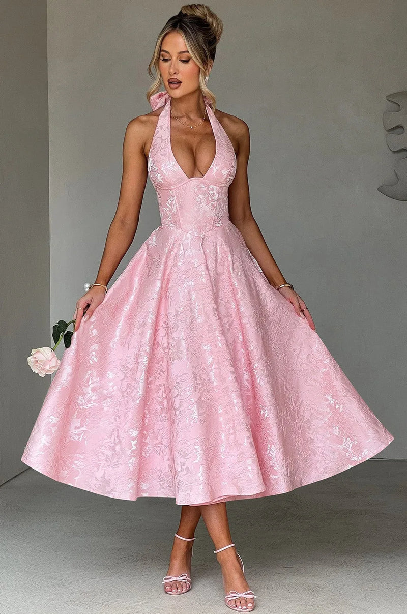 Elegant Pink Halter Jacquard Bow Long Dress Women's Corset Backless High Waist Yellow Dresses Summer Evening Party Wedding Guest
