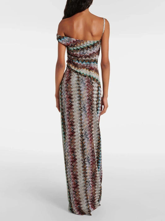 Vacations Colorful Print Maxi Dress for Women Off One Shoulder Slimming Zigzag Design Asymmetrical Skirt for Casual Outings