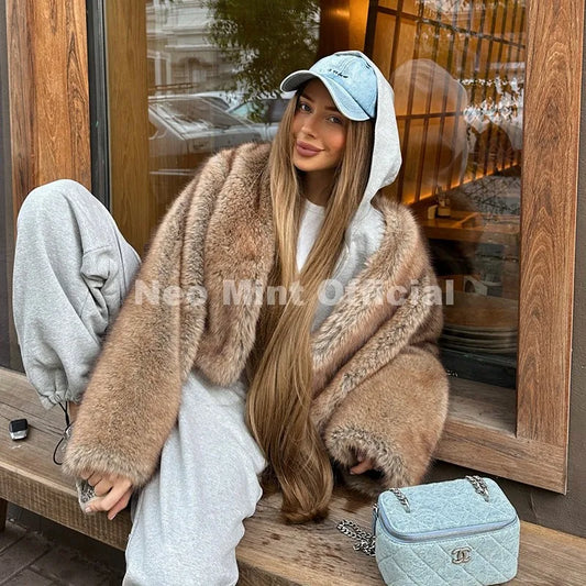 Iconic Girls Chic Street Fashion Brown Gradient Fur Coat Women Winter 2026 Vintage Faux Fox Fur Jacket Short Streetwear