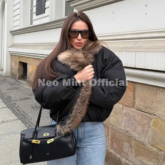 Trendy 2026 Fur Collar Bomber Jacket Women Winter Warm Padded Coat Parkas Luxury Brand Quilted Puffer Jackets Overcoats