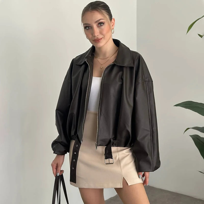 Fashion Leather Jacket Women's Vintage Faux Leather Bomber Jacket Solid Zipper Lapel Long Sleeves Autumn High Street Coat