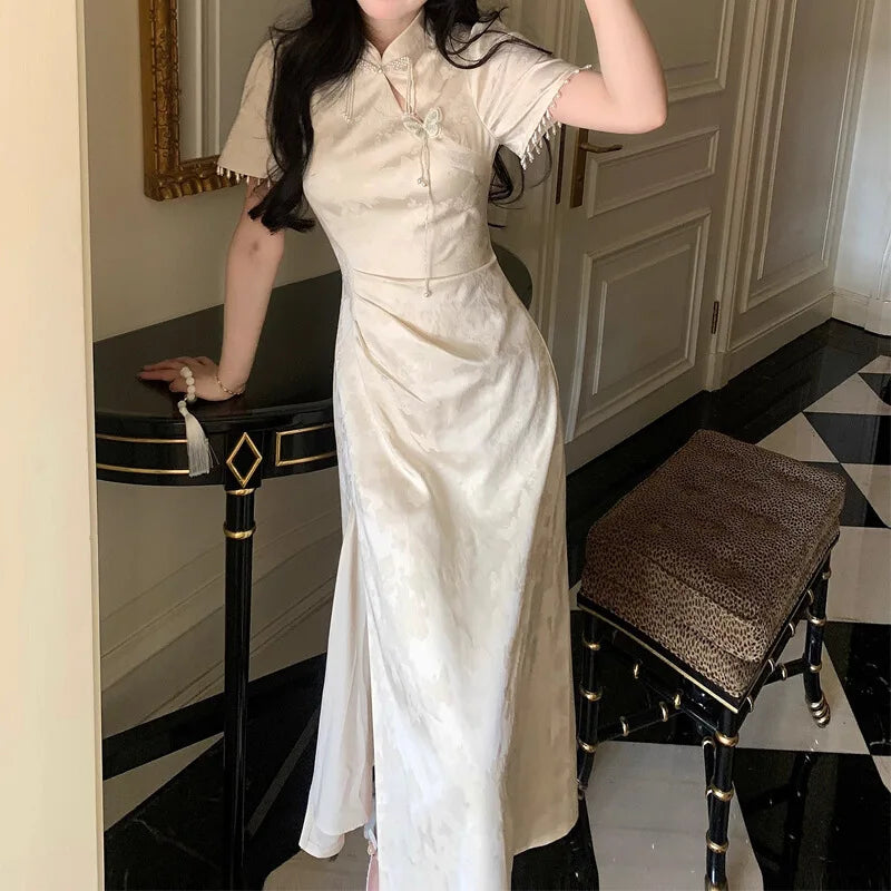 Elegant Long Qipao Summer Floral Dress for Women Chinese Cheongsam Short Sleeve Stand Collar Beige Vintage Chinese Dresses
